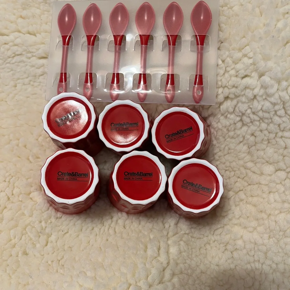 Crate&Barrel Red and White Ceramic Sorbet Set (8) Pieces Including Spoons & Cups